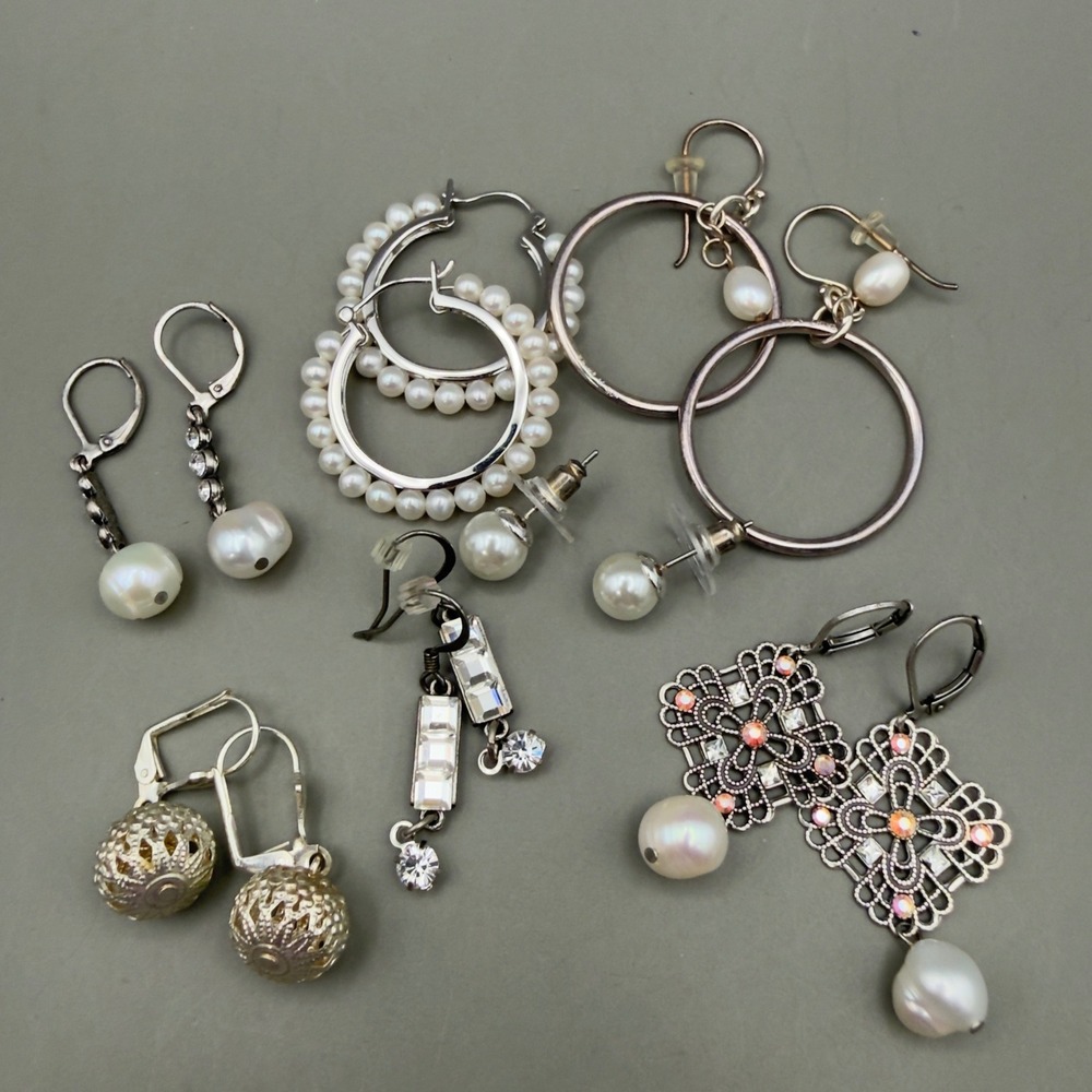 7 Pair Earrings Lot Sterling Silver Tone Freshwater Pearl Hoops Dangles Mixed